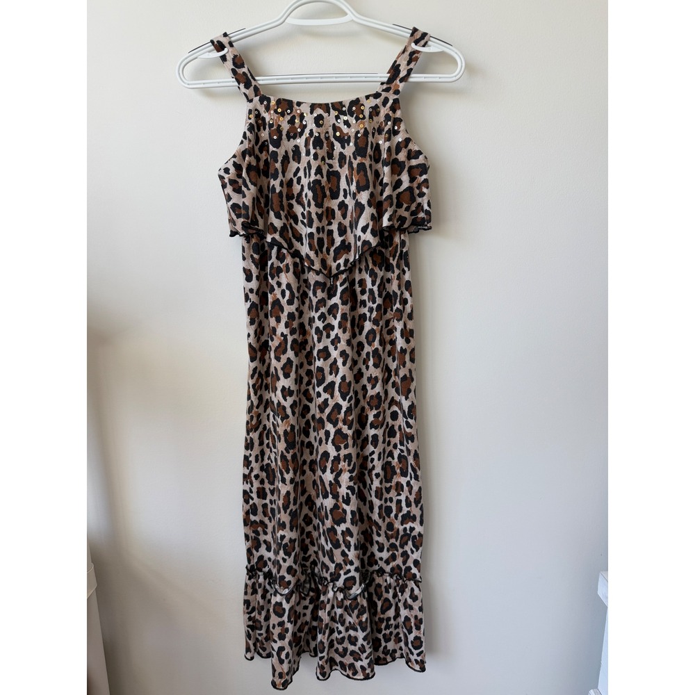 Disorderly Kids Girls Leopard Print Sequin Ruffle Maxi Dress Size 10 Brown Tan